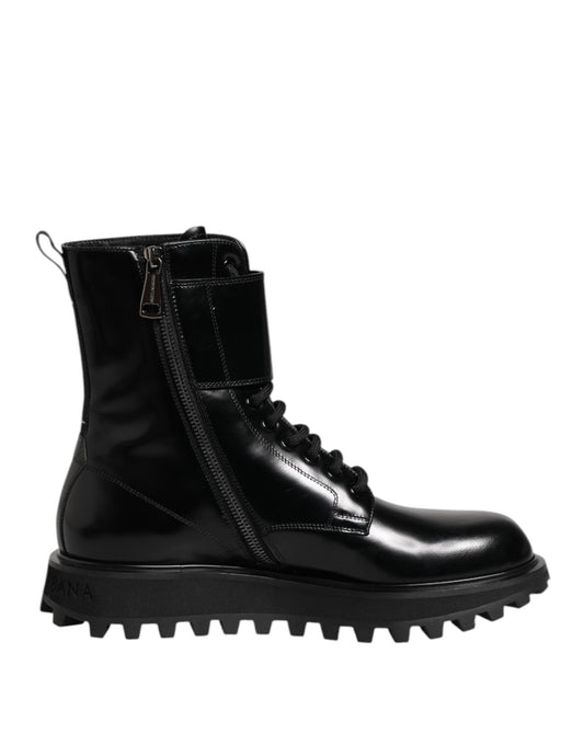 Dolce & Gabbana Black Leather Lace Up Mid Calf Boots Shoes