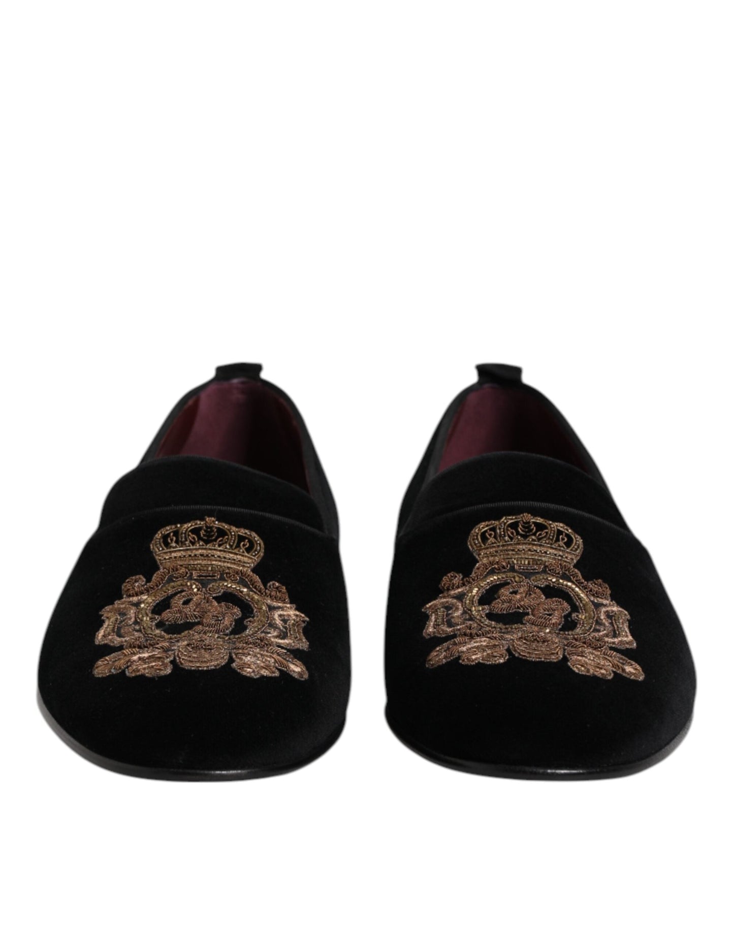 Dolce & Gabbana Black Velvet Gold Crown Mens Loafers Shoes