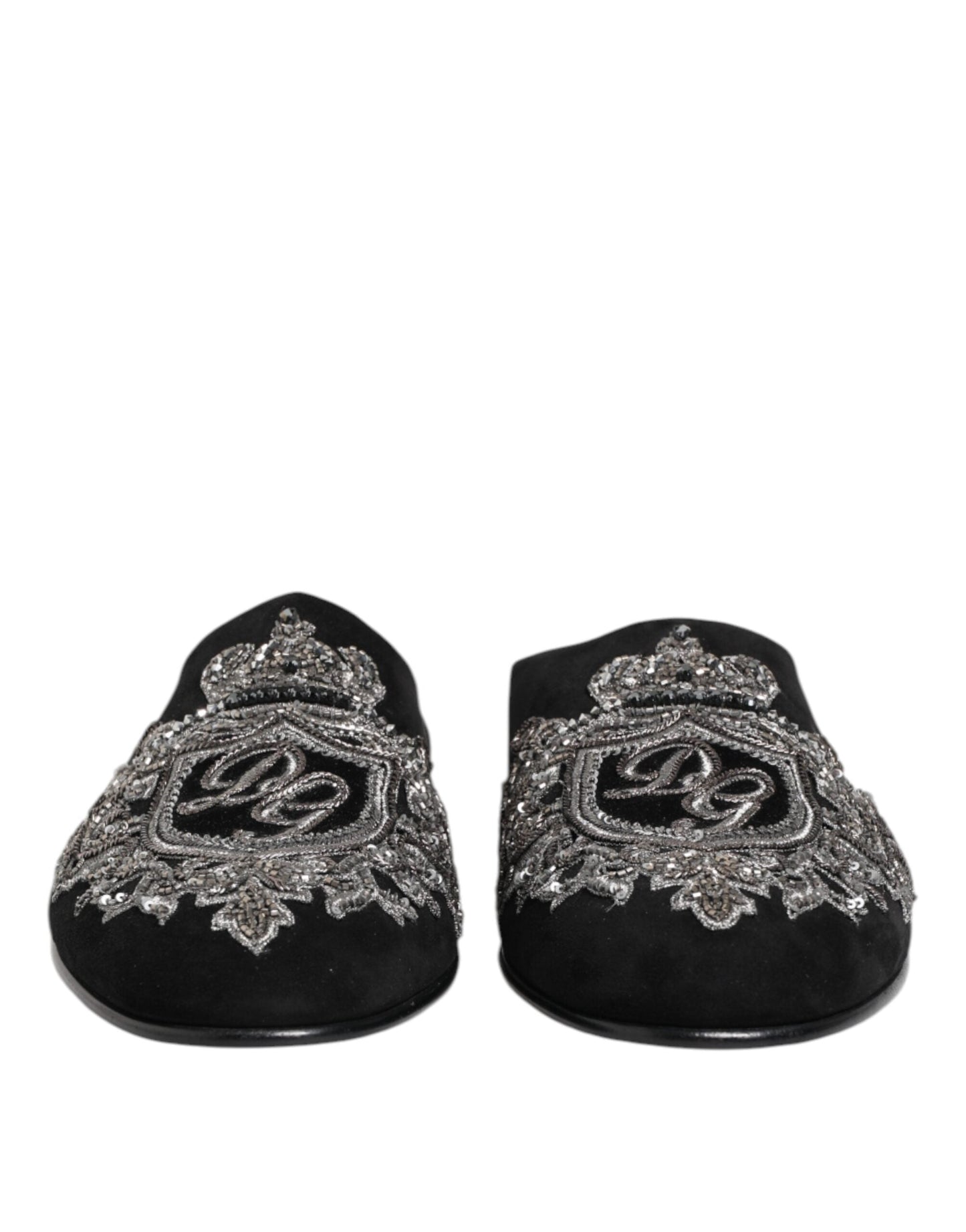 Dolce & Gabbana Black Velvet Slides DG Crown Slipper Shoes