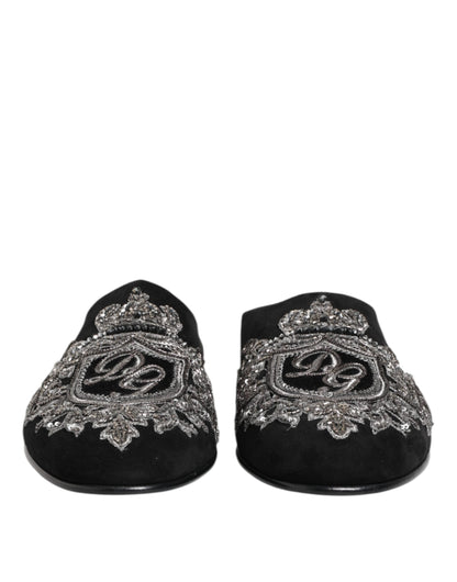 Dolce & Gabbana Black Velvet Slides DG Crown Slipper Shoes