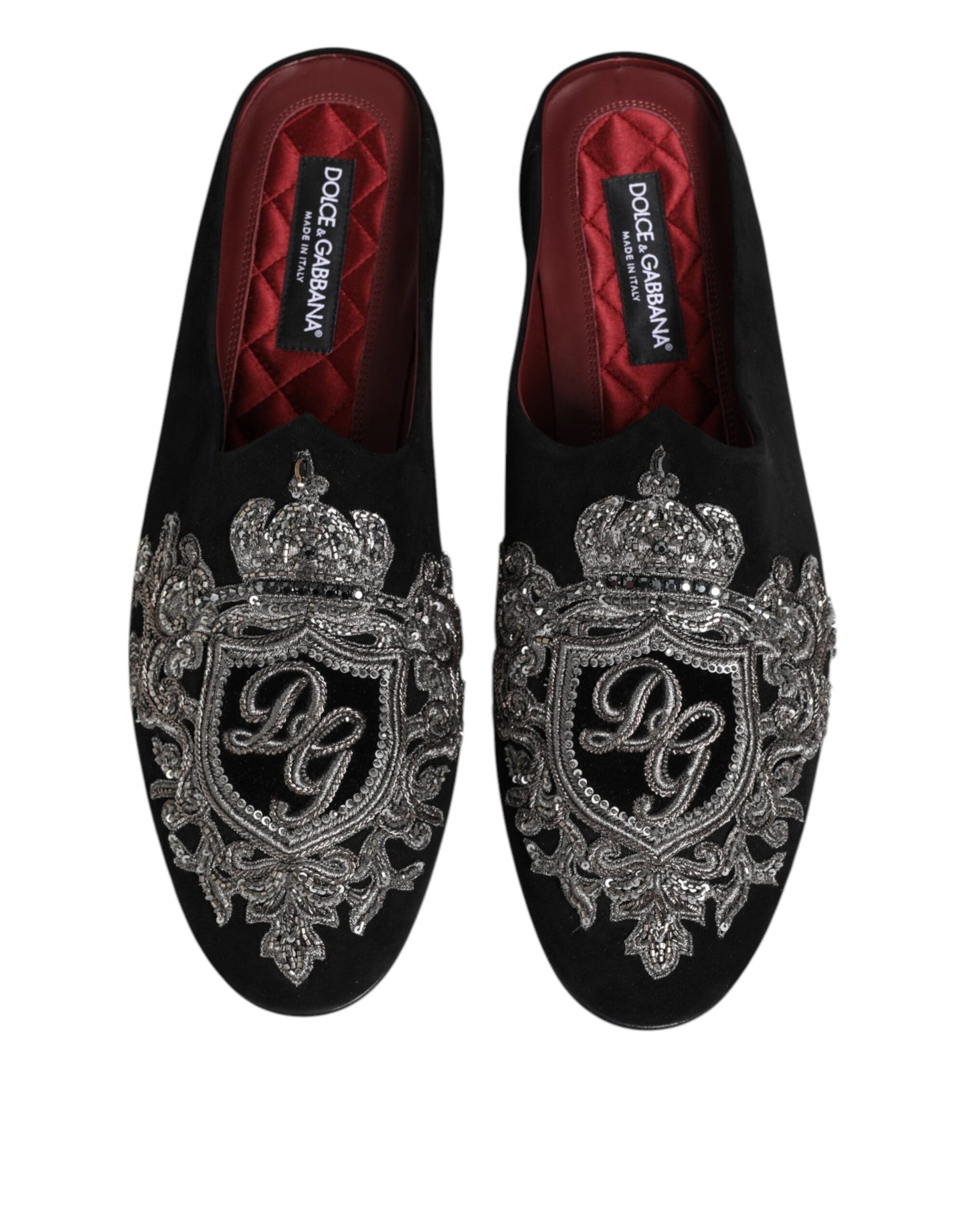 Dolce & Gabbana Black Velvet Slides DG Crown Slipper Shoes