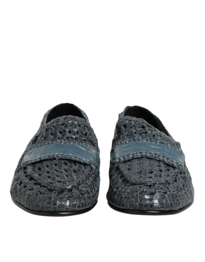 Dolce & Gabbana Blue Woven Raffia Slip On Loafers Shoes
