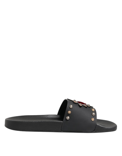 Dolce & Gabbana Black Rubber Sacred Heart Slides Men Beachwear Shoes
