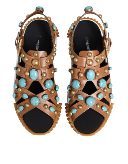 Dolce & Gabbana Brown Leather Studded Slides Sandals Shoes