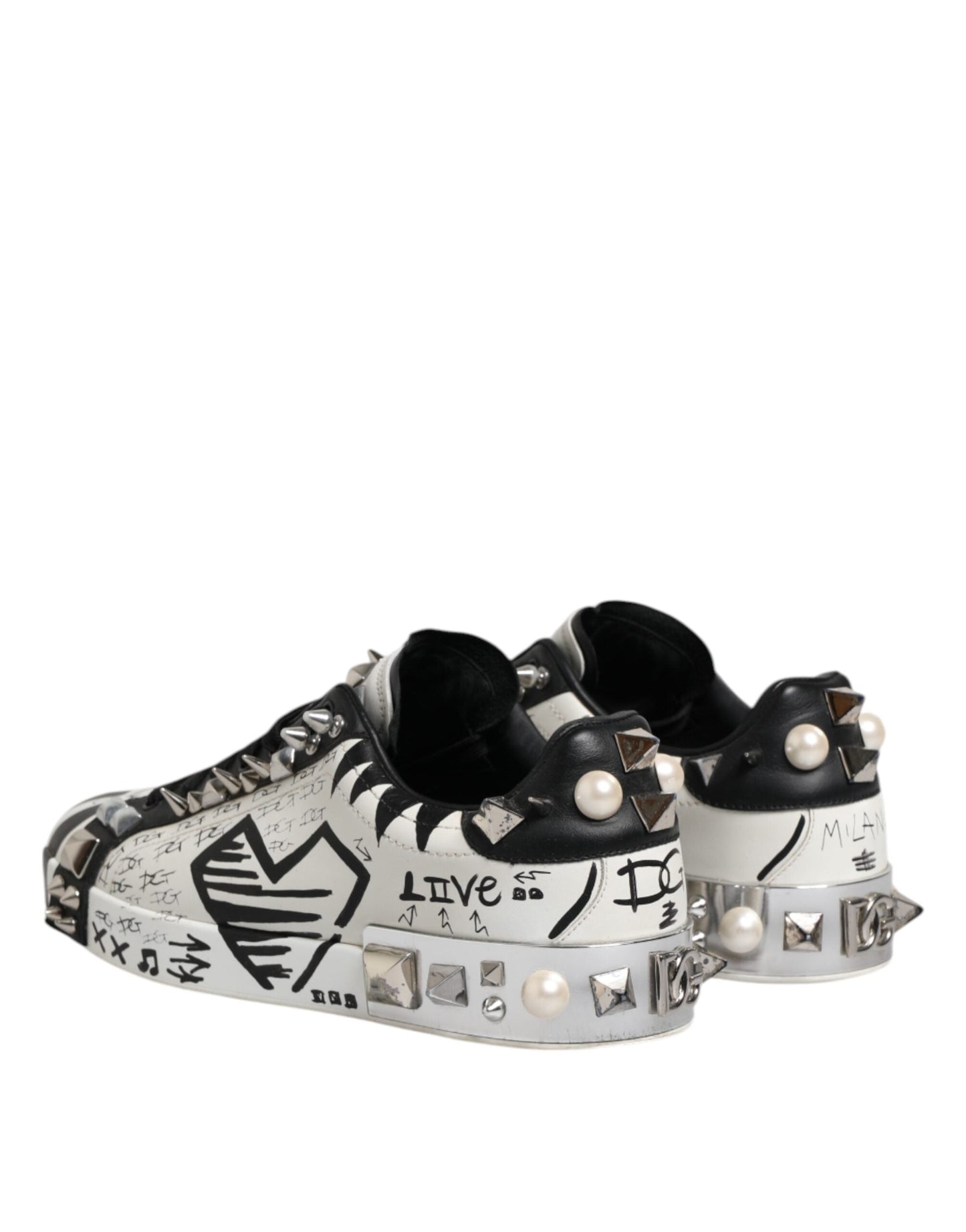 Dolce & Gabbana Black White Studded Low Top Sneakers Shoes