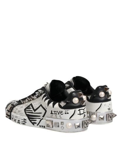 Dolce & Gabbana Black White Studded Low Top Sneakers Shoes