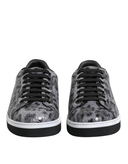 Dolce & Gabbana Gray Leather Leopard Low Top Sneakers Shoes