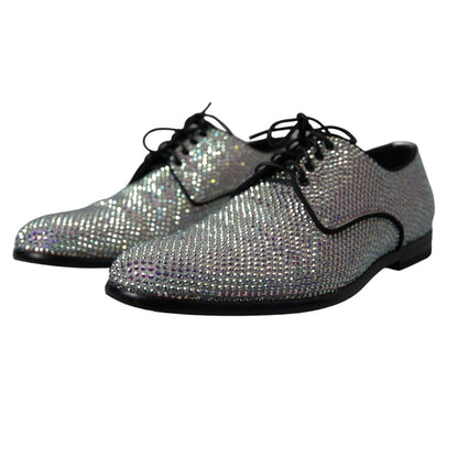 Dolce & Gabbana Silver Leather Rhinestones Derby Shoes