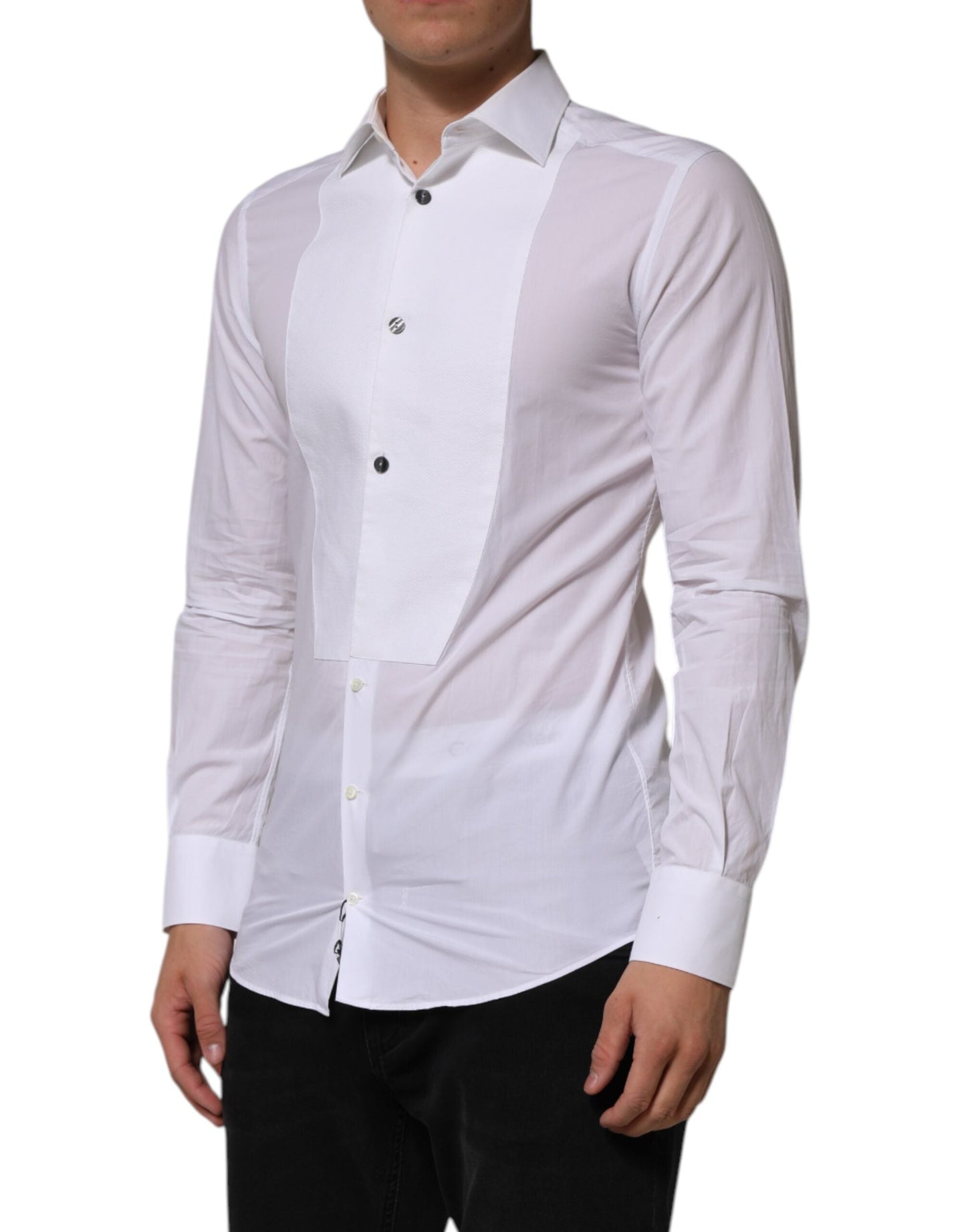 Dolce & Gabbana White Bib Cotton Poplin GOLD Men Formal Shirt