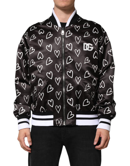 Dolce & Gabbana Black Polyester Heart Print Bomber Jacket