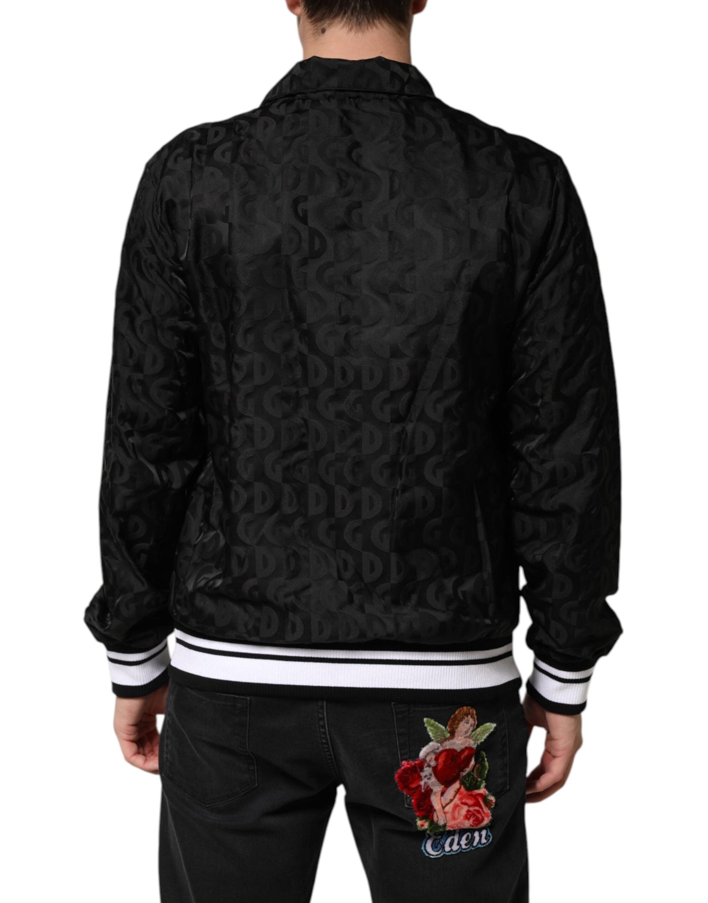 Dolce & Gabbana Black Jacquard Men Full Zip Bomber Sweater