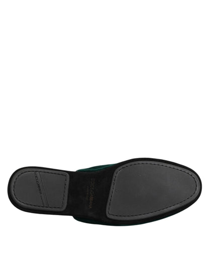 Dolce & Gabbana Green Velvet Cross Embellished Slippers Shoes