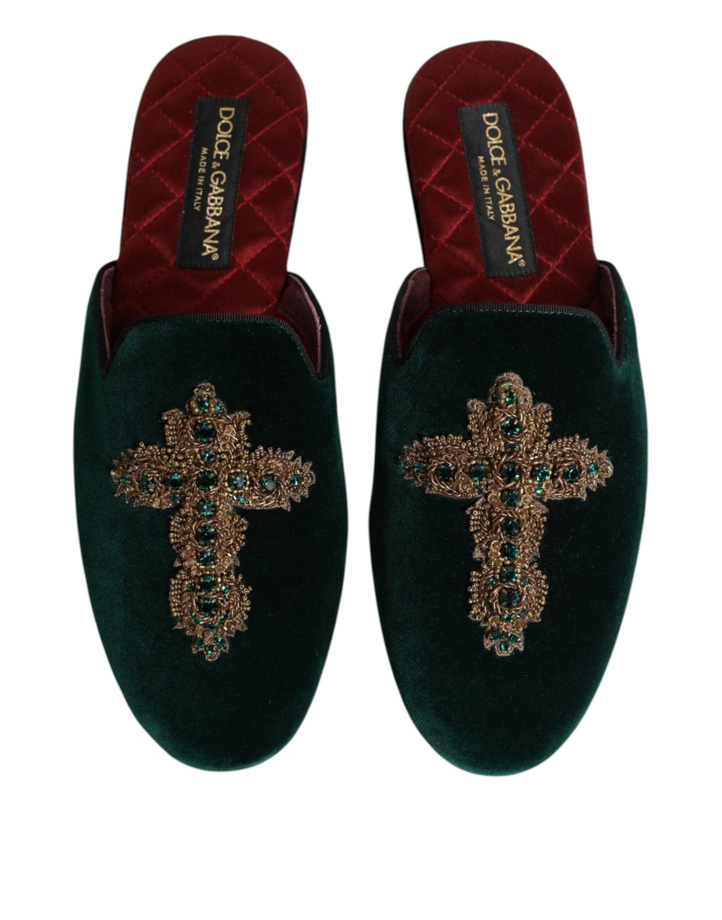 Dolce & Gabbana Green Velvet Cross Embellished Slippers Shoes