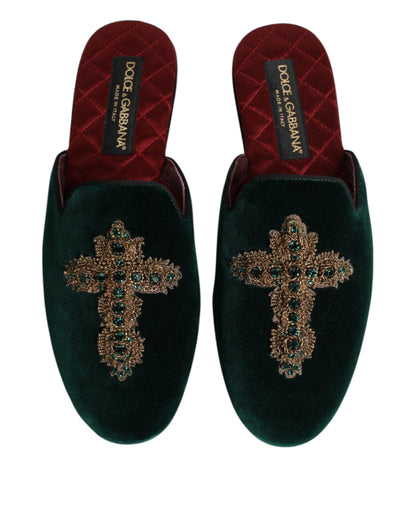 Dolce & Gabbana Green Velvet Cross Embellished Slippers Shoes