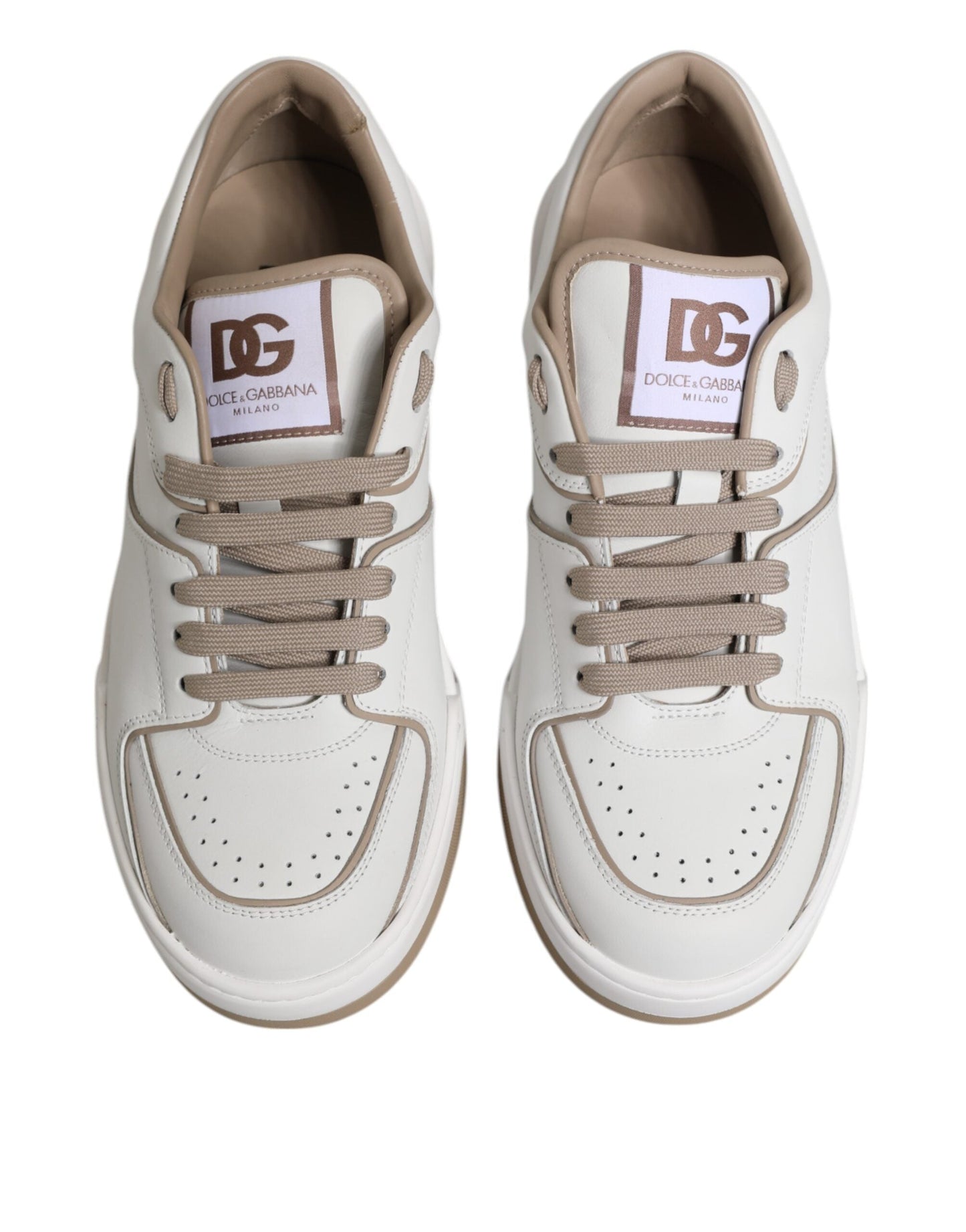 Dolce & Gabbana White Brown Leather Low Top Men Sneakers Shoes