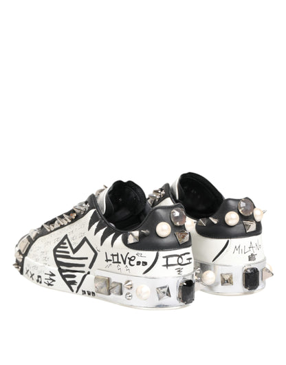 Dolce & Gabbana White Studded Printed Low Top Sneakers Shoes