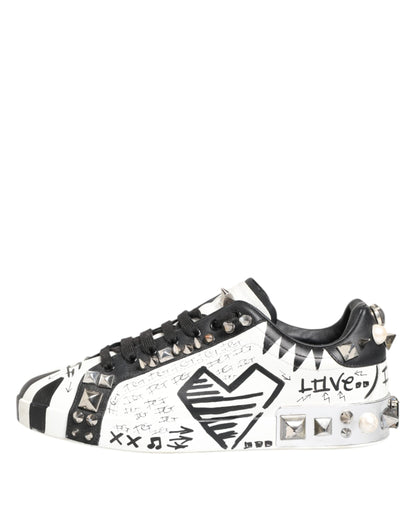 Dolce & Gabbana White Studded Printed Low Top Sneakers Shoes