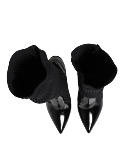 Dolce & Gabbana Black Leather Ribbed Knit Knee Boots Shoes