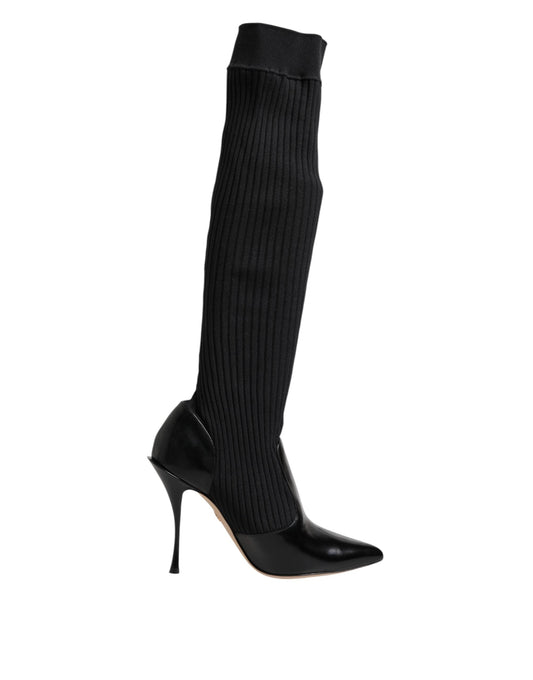 Dolce & Gabbana Black Leather Ribbed Knit Knee Boots Shoes