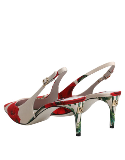 Dolce & Gabbana White Floral Heels Slingback Sandals Shoes