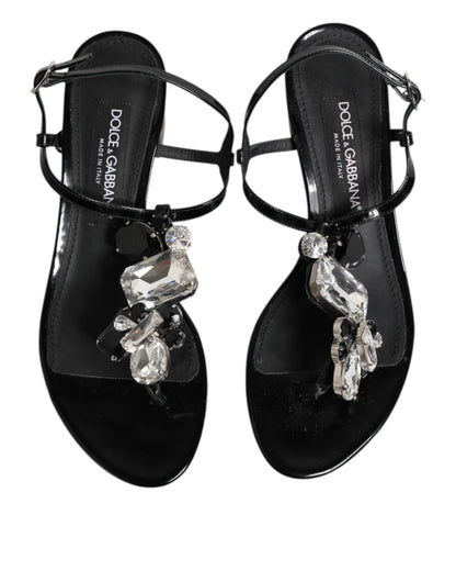 Dolce & Gabbana Black Leather Crystal Ankle Strap Sandals Shoes