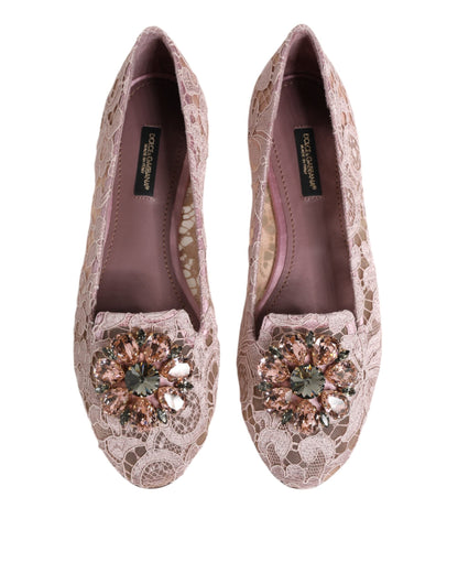 Dolce & Gabbana Pink Taormina Lace Crystals Flats Shoes