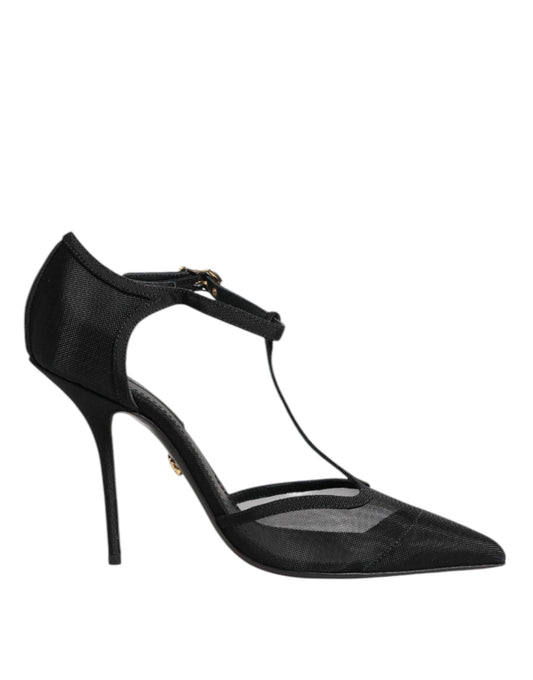 Dolce & Gabbana Black Mesh T-strap Stiletto High Heels Shoes