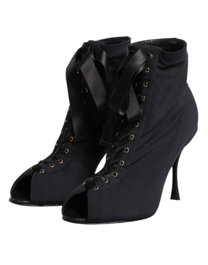 Dolce & Gabbana Black Stiletto Heels Lace Up Boots Shoes