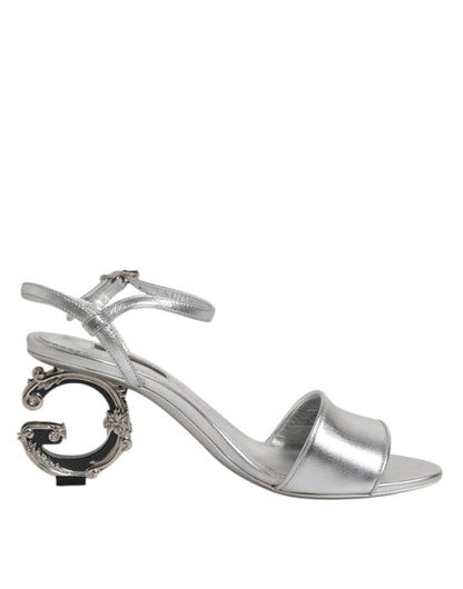 Dolce & Gabbana Silver Leather DG Heels Keira Sandals Shoes