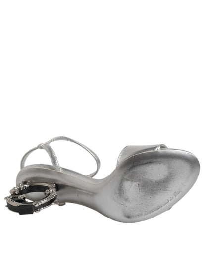Dolce & Gabbana Silver Leather DG Heels Keira Sandals Shoes