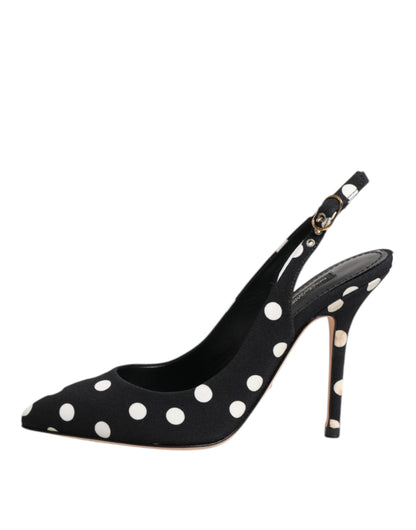 Dolce & Gabbana Black White Dotted Stiletto Slingback Shoes