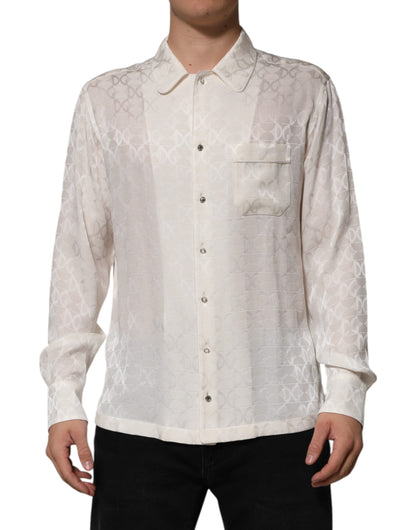 Dolce & Gabbana White Silk DG Logo Print Long Sleeves Shirt
