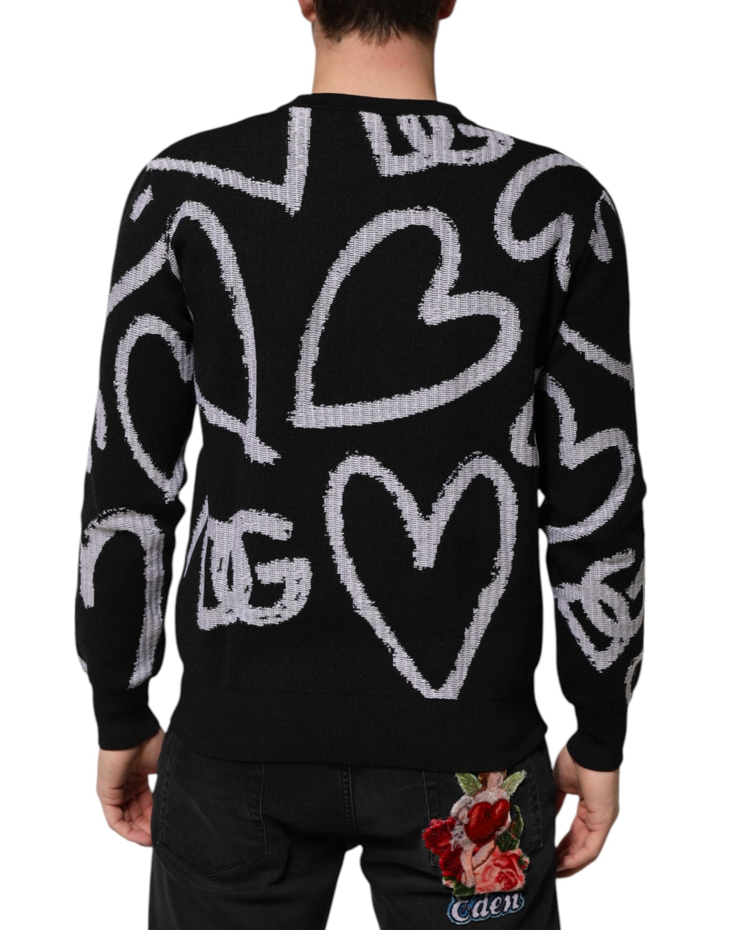 Dolce & Gabbana Black Nylon Wool Heart Print Pullover Sweater