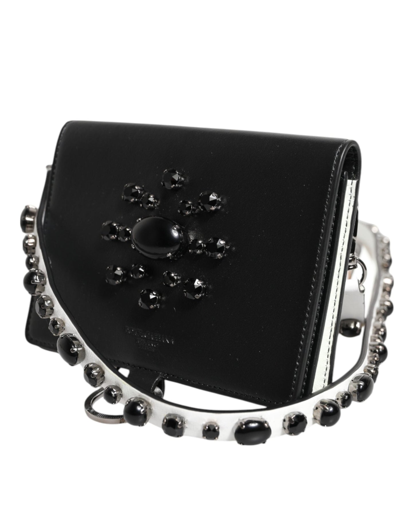 Dolce & Gabbana Black Leather Crystal Embellished Card Holder Wallet