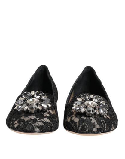 Dolce & Gabbana Black Taormina Lace Crystals Flats Shoes