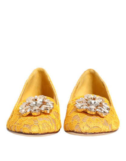 Dolce & Gabbana Yellow Taormina Lace Crystals Flats Shoes