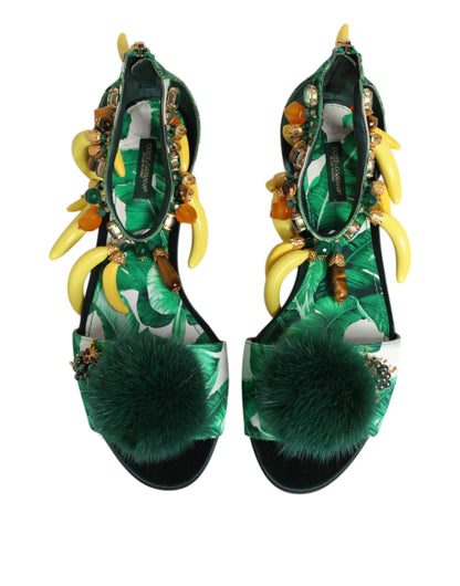 Dolce & Gabbana Green Mink Fur Satin Banana Leaf Sandals Shoes