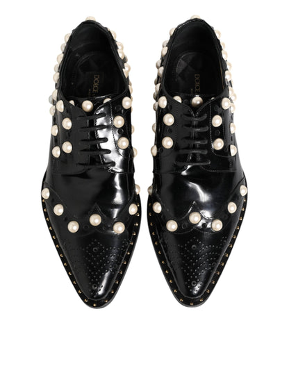 Dolce & Gabbana Black Leather Faux Pearl Dress Broque Shoes
