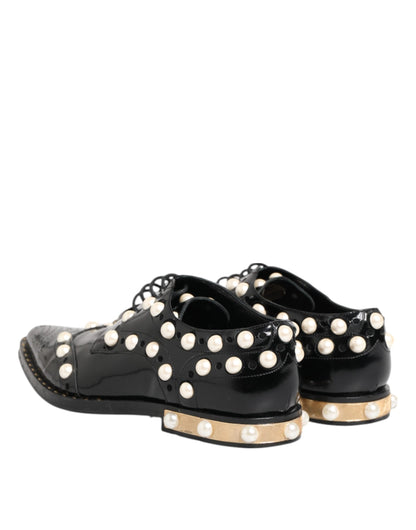 Dolce & Gabbana Black Leather Faux Pearl Dress Broque Shoes