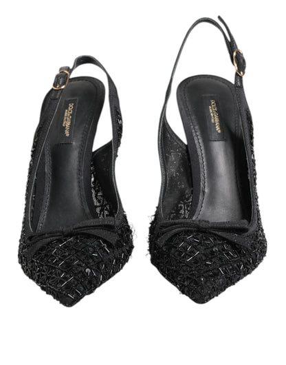 Dolce & Gabbana Black Tulle Ricamo Heels Slingbacks Shoes