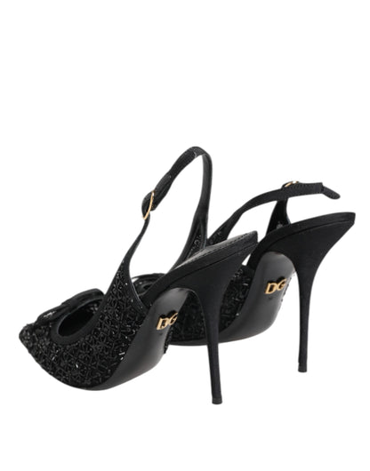 Dolce & Gabbana Black Tulle Ricamo Heels Slingbacks Shoes