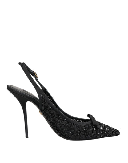 Dolce & Gabbana Black Tulle Ricamo Heels Slingbacks Shoes