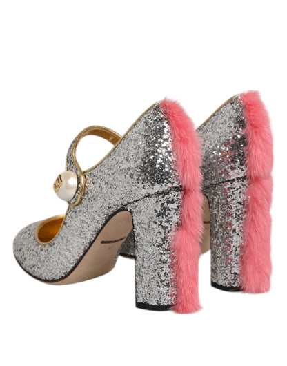 Dolce & Gabbana Silver Glitter Mink Fur VALLY Pumps Shoes
