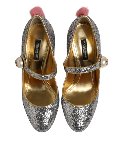 Dolce & Gabbana Silver Glitter Mink Fur VALLY Pump Shoes