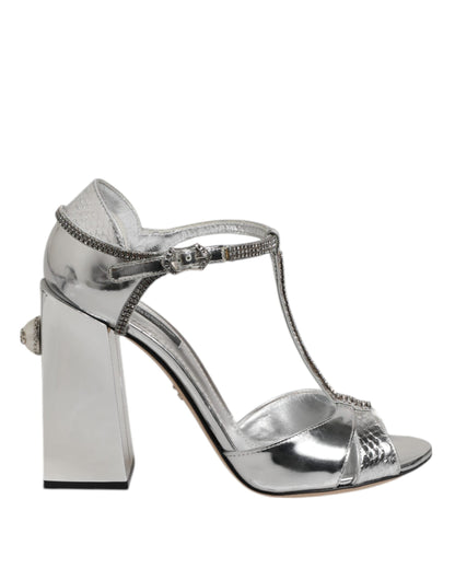 Dolce & Gabbana Silver Leather T-strap Heels Sandals Shoes