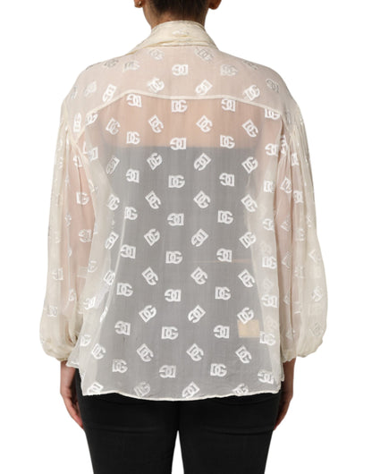 Dolce & Gabbana Off White Logo Monogram Ascot Collar Top
