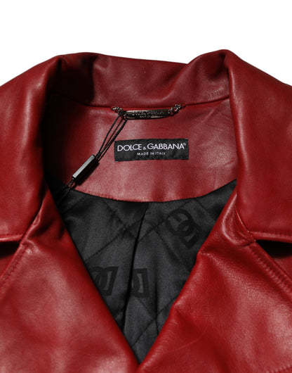 Dolce & Gabbana Red Leather Belted Full Zip Trench Coat Jacket