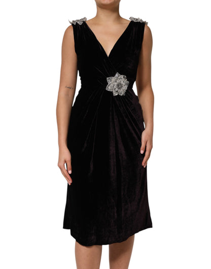 Dolce & Gabbana Black Velvet Flower Embellishment Aline Dress