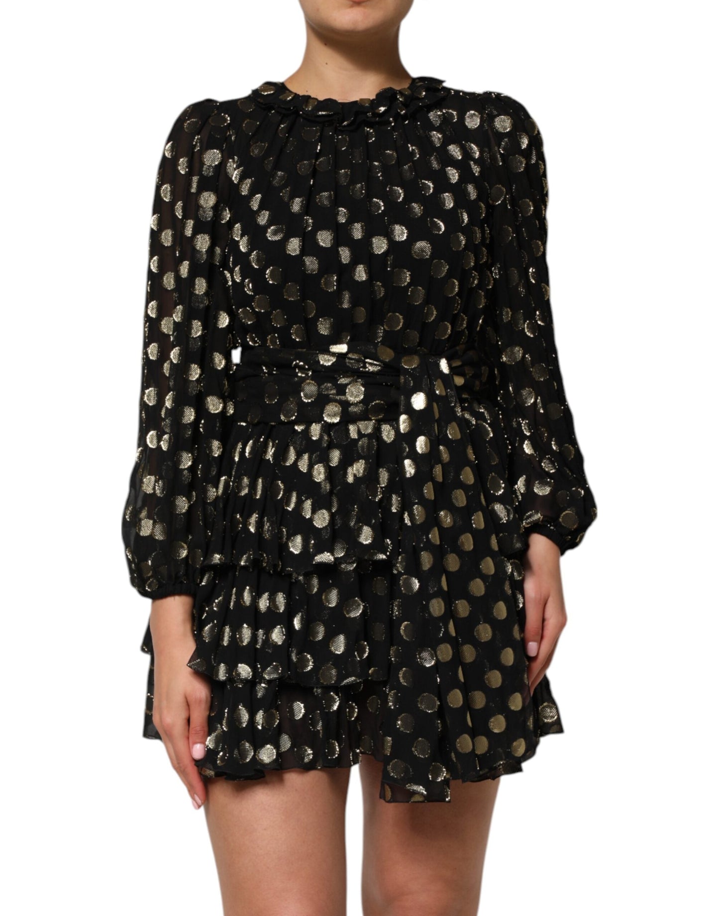 Dolce & Gabbana Black Gold Polka Dot Silk Brocade Mini Dress