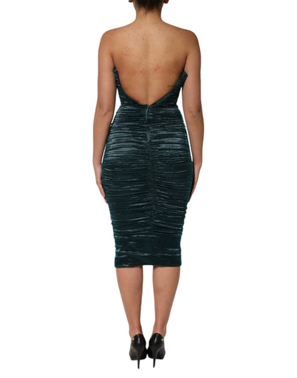 Dolce & Gabbana Green Silk Satin Fitted Strapless Dress